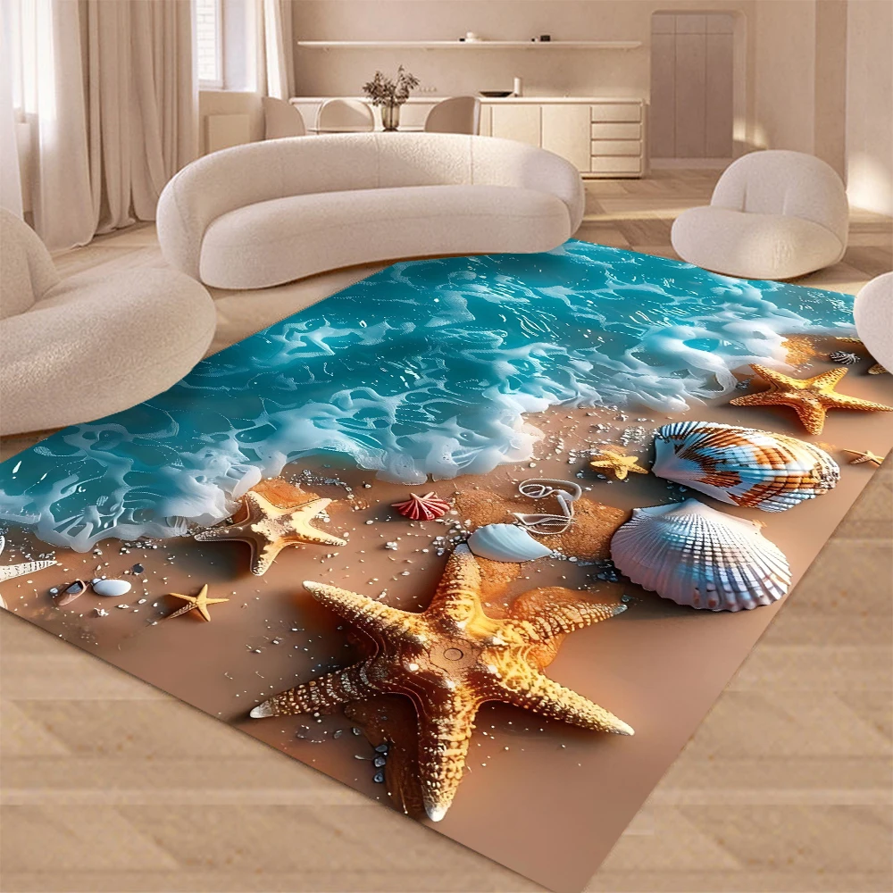 2025 New Starfish Beach Shell Sea Star Sand Carpet Rug for Living Room Bedroom Home Sofa Decoration, Play Non-slip Floor Mat