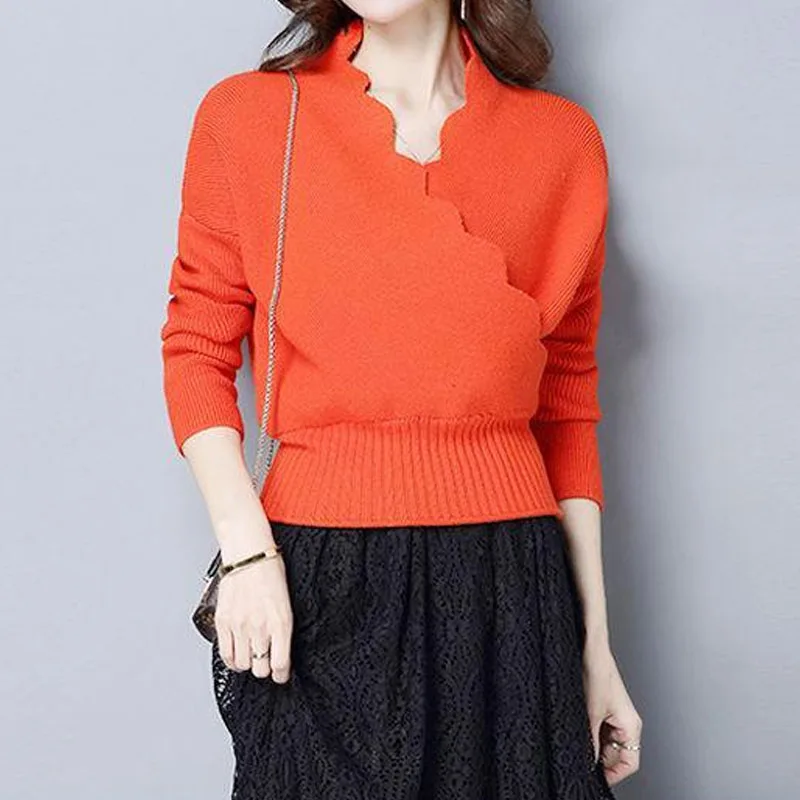 Elegant Fashion Cross Spliced V-Neck Sweaters for Female Autumn Winter New Commute Simplicity Solid Color Short Knitted Tops