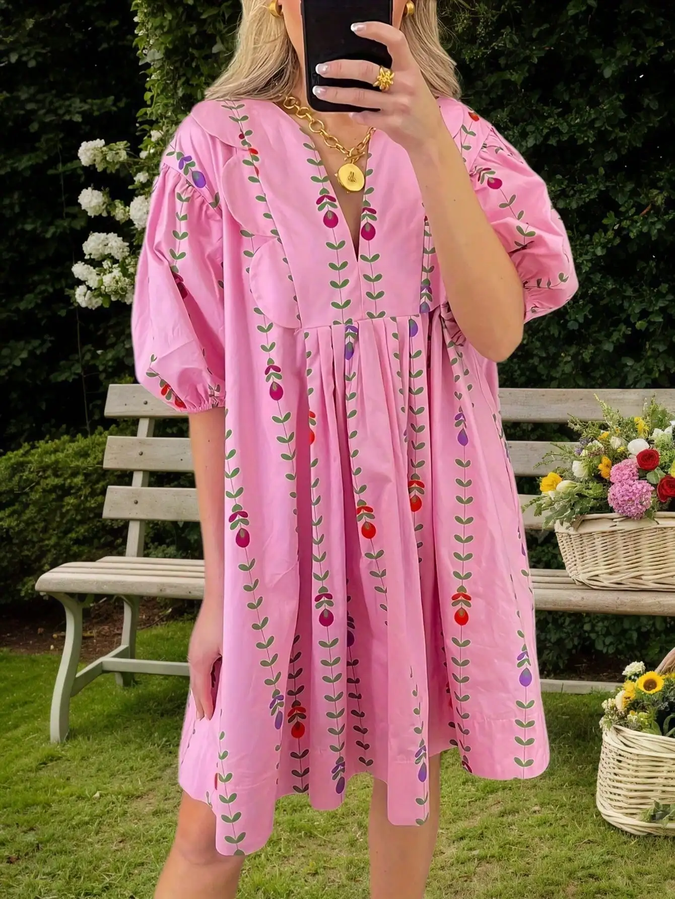 

Розовое мини-платье с цветочным принтом, плиссированное, с пышными рукавами, для женщин, летнее, повседневное