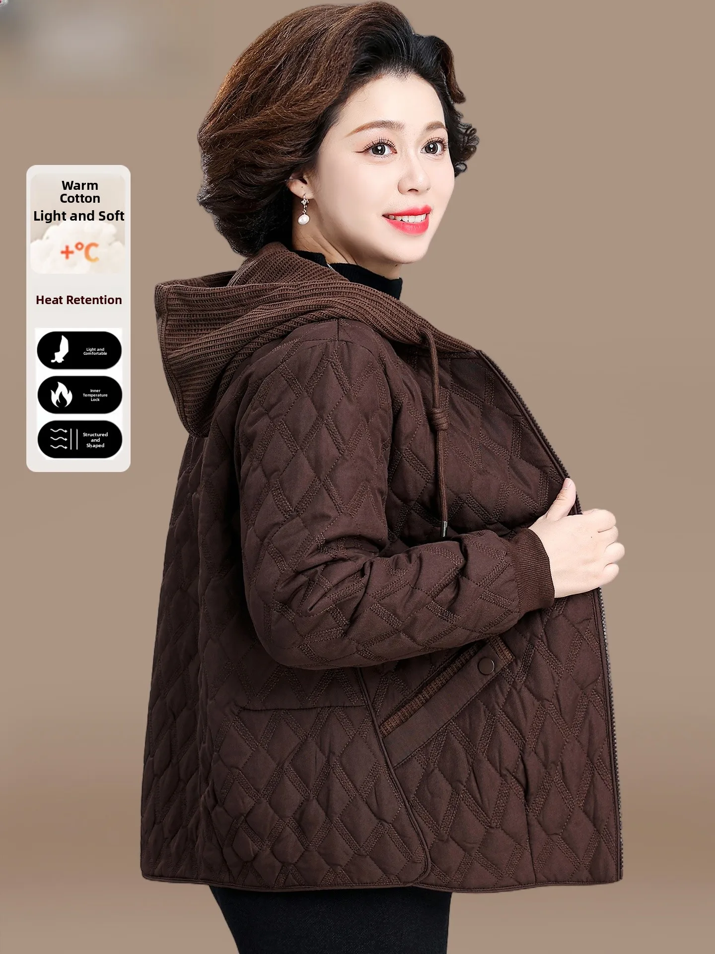 

Lightweight Cotton Jaet for Middle-Aged Women Autumn Winter Casual Hooded Coat Fem Faionable Windproof Warm Zipper Clo...