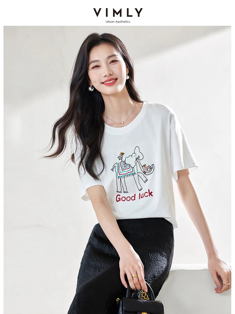 VIMLY Short-Sleeved Summer Women Embroidered T-shirt Classic All-match Comfortable O-Neck Solid Versatile Loose Top For Female