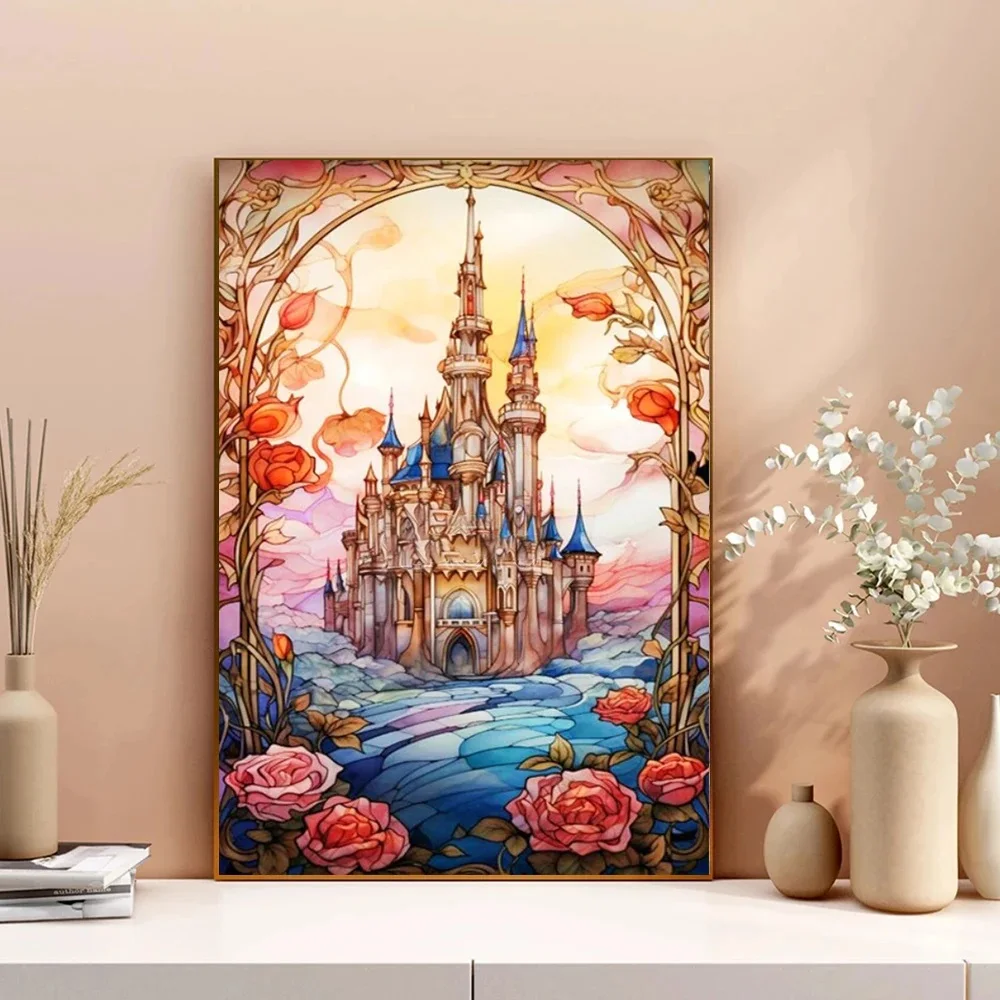 Dream Starry Sky Castle 5D Full Round Diamond Painting Set Glass Painting Clock Architecture DIY Diamond Mosaic Cross Embroidery