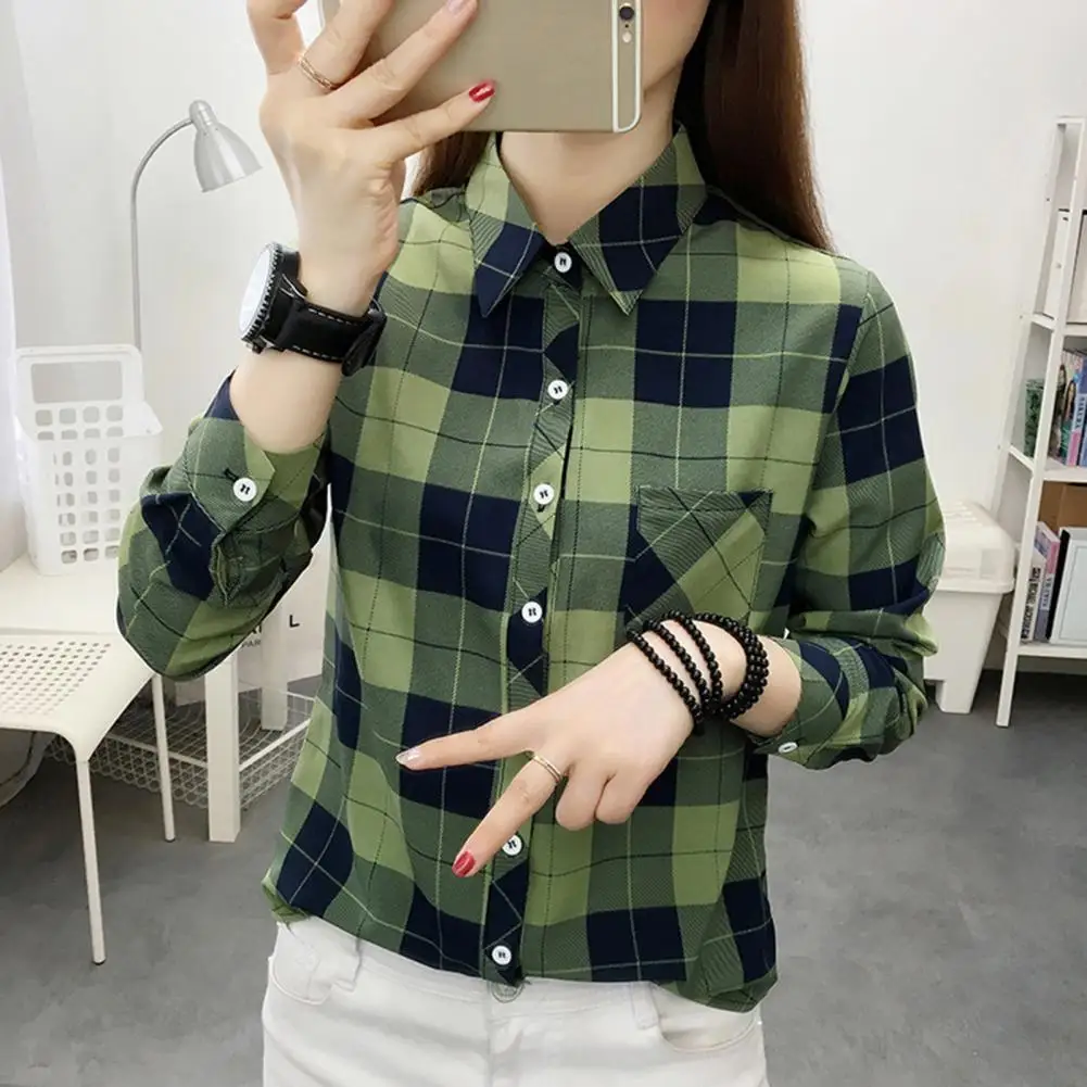 Modern  Lady Blouse Lapel Collar Plaid Print Women Shirt Soft Comfortable Women Shirt Female Clothing