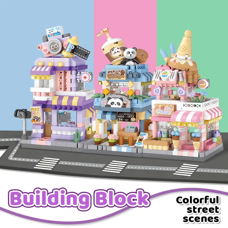 

Mini Street Scene Building Blocks, Ice Cream Shop and Panda Coffee Shop Assembly Three Piece Set ,birthday and Holiday Gifts