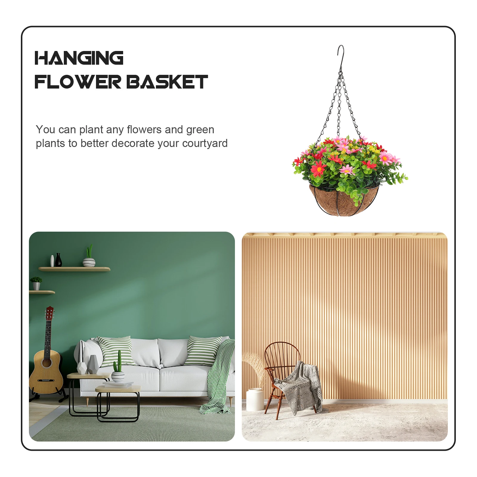 

Coconut Palm Flower Basket Hanging for Garden Pot Artificial Assorted Color Flowers Baskets Plastic Faux Natural and Romantic