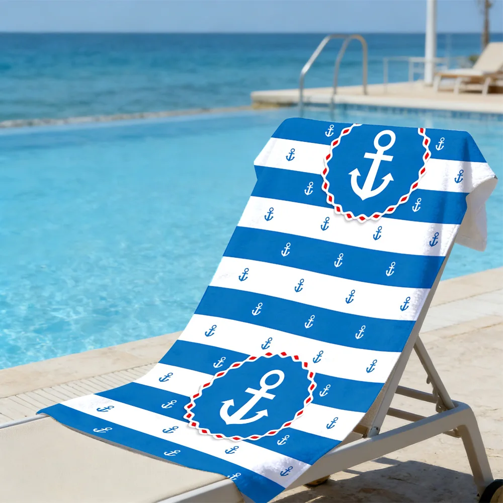 Nautical Anchor Badge Beach Towel – Oversized Quick Dry Sand Free with Blue Stripe Print