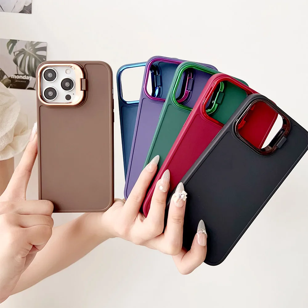 Metal Lens Protection Hide Stand Phone Case For IPhone 15 12 13 14 11 Pro Max XS MAX XR 7 8Plus SE Matte Shockproof Bumper Cover