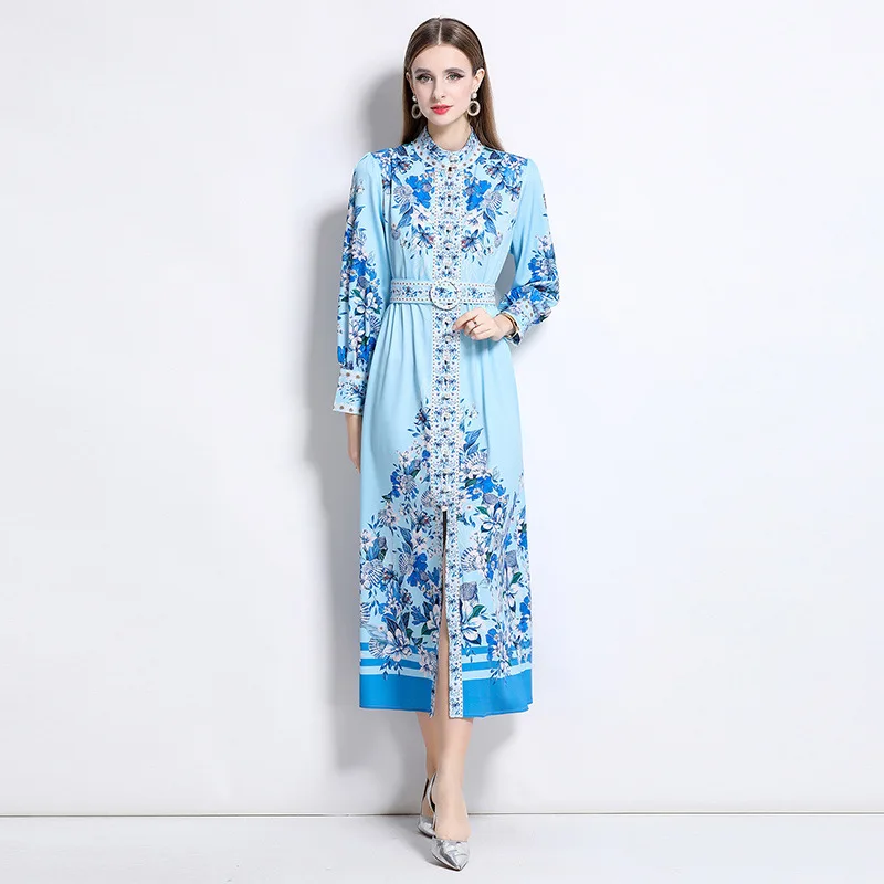 فستان أنيق بتصميم مطبوع على الطراز الملكي، ياقة عالية، زر واحد، سميك للشتاء، خصر متوسط، كتف مكشوف، إنتاج صيني