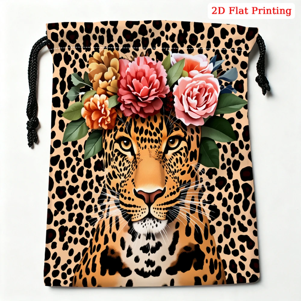 1pc Leopard Floral Print Drawstring Bag Brown Storage Small Pouch For Travel Cosmetics Organization Women Portable Lightweight