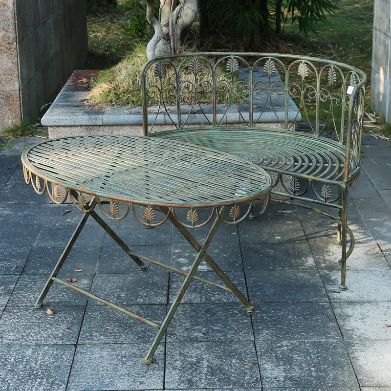 

Production order retro old wrought iron garden villa leisure table and chair courtyard double back chair gardening decoration