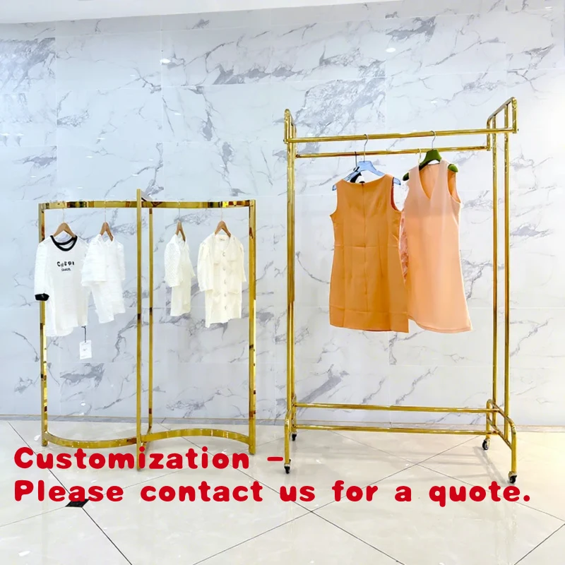 

Стойка-вешалка для одежды Customized.Shiny Gold Showroom: Золотистая стойка из нержавеющей стали с колесиками для демонстрации одежды
