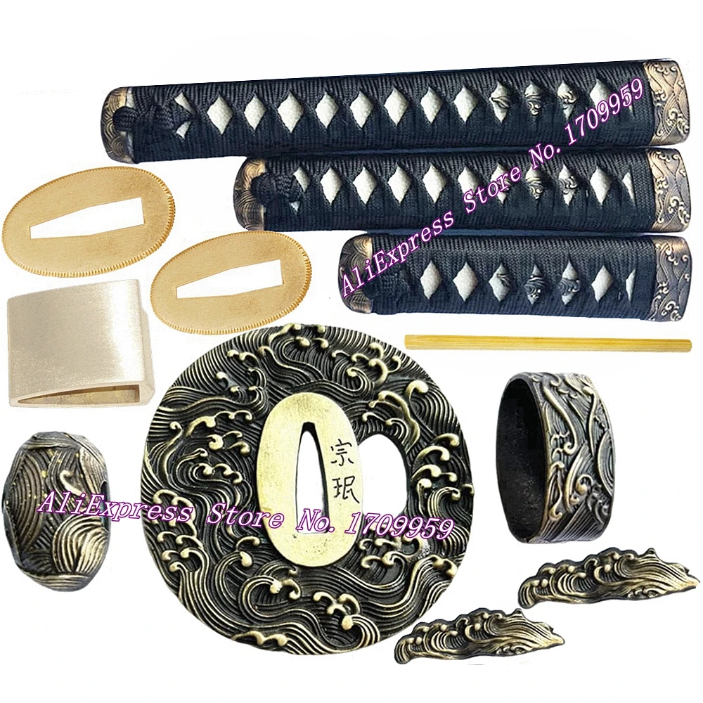 

3PC*Katana/Wakizashi/Tanto Set Fittings Japanese Sword Sea Wave Guard Brass Tsuba +Menuki+Fuchi+Kashira+Tsuka+Habaki+Seppa