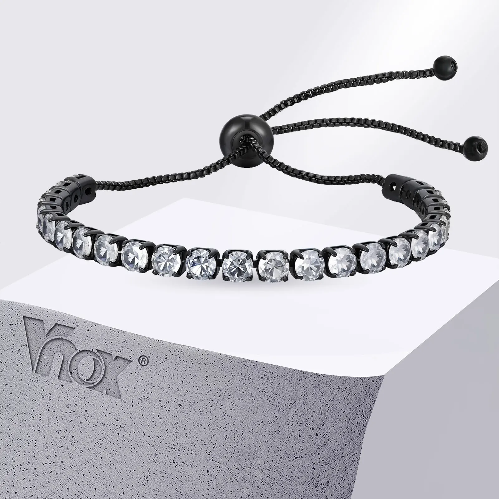 

Vnox Adjustable CZ Bracelet Copper Box Chain 4mm Zirconia Black Handmade Jewelry for Men Women Hip Hop Birthday Gifts Accessory