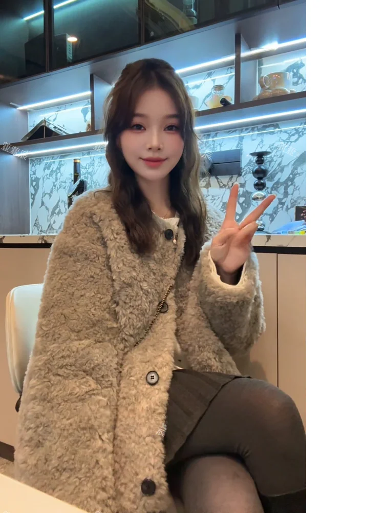 

Шерстяное пальто Xuanxuan Chen для женщин, осенне-зимнее, модное, повседневное, с мехом, свободного кроя, длинное, с круглым вырезом