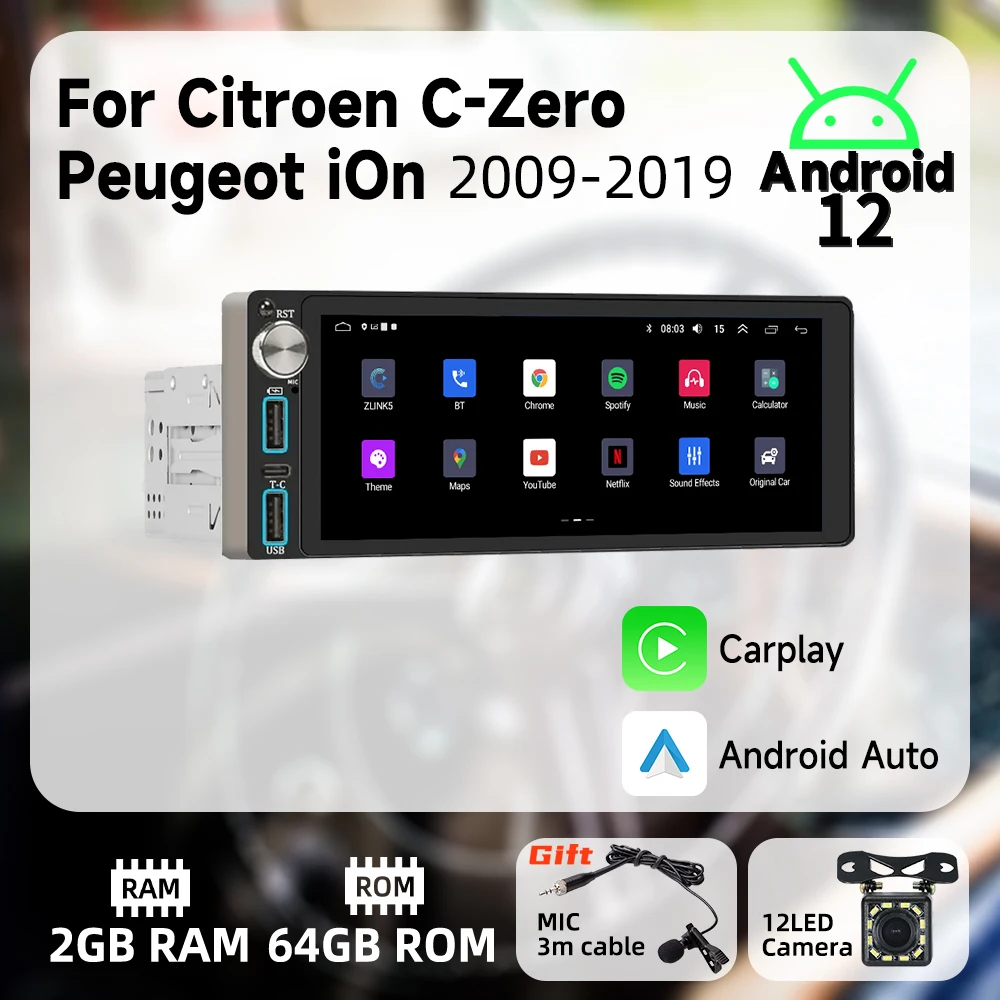 

Carplay 1 Din Radio Android Car Multimedia for Citroen C-Zero Peugeot iOn 2009-2019 6.86" Screen Stereo Head Unit Autoradio GPS