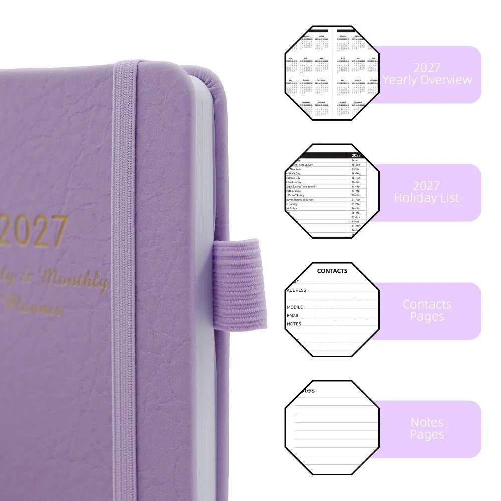 New Leather 2027 Planner Notebook Pen Loop Elastic Band Monthly Planner Ribbon Bookmark Weekly Planner Office Planning