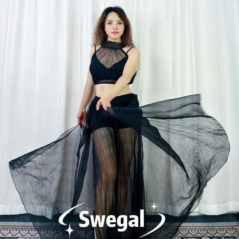 Customized Belly Dancewear Practice Slightly Translucent and Sexy Black Veil Large Swing Skirt Popping Eastern Dance Outfit