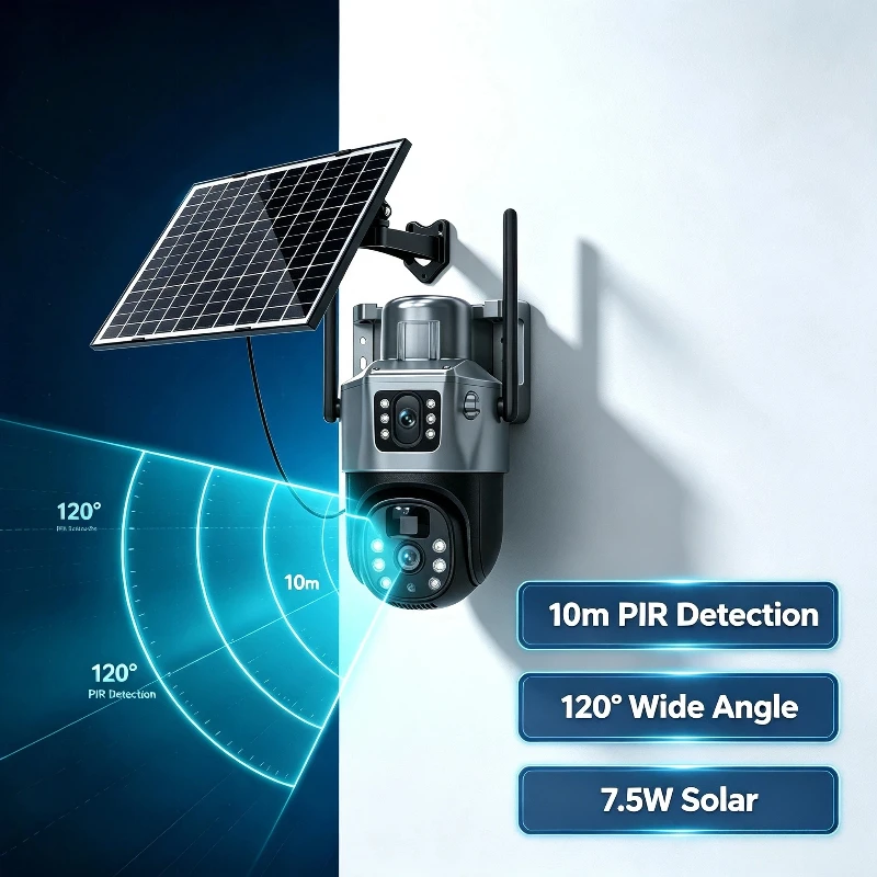 8MP Dual Lens Solar Security Camera WiFi Outdoor PTZ CCTV Camera 355° Pan 90° Tilt PIR Human Detection Two Way Audio