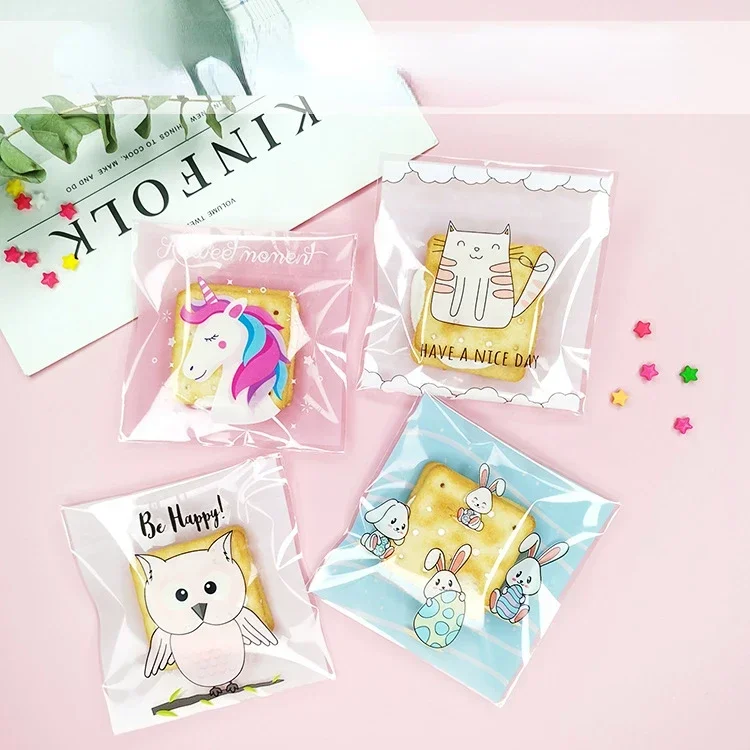 100Pcs Pink Unicorn Series Plastic Self-Adhesive Bags Cookies Candy Packaging Bags Wedding Birthday Parties Baby Shower Gifts