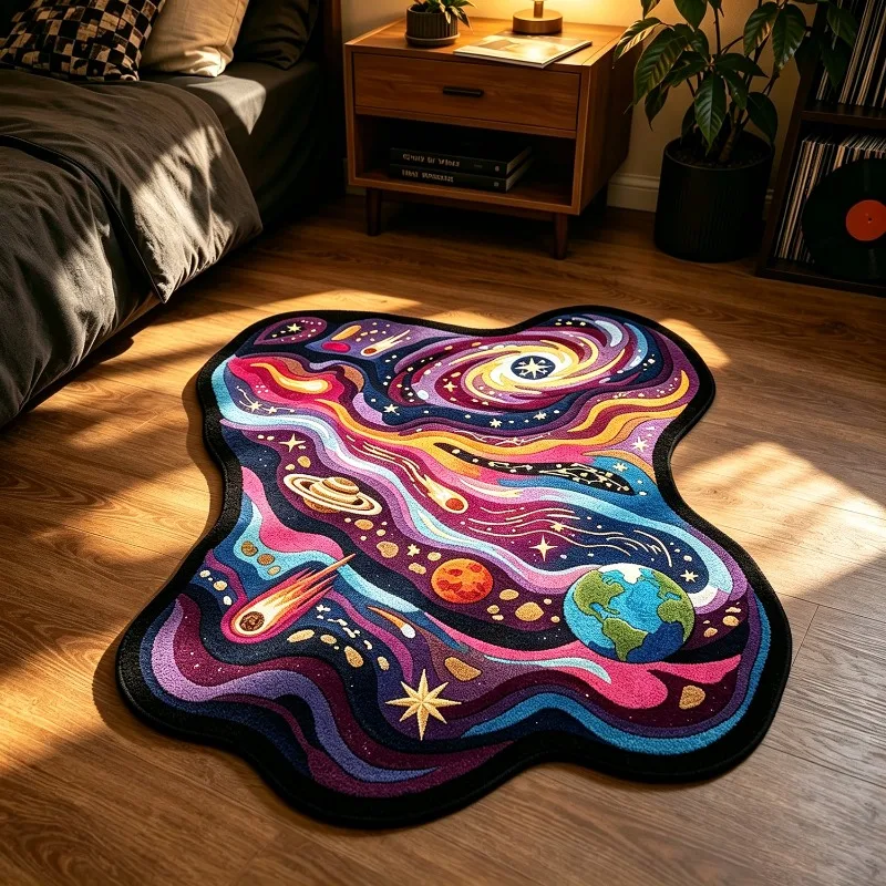 Color Swirl Space Planet Irregular Rug Trendy Aesthetic Art Decor Fluffy Bedside Mat Cartoon Carpet for Sofa Living Room Bedroom