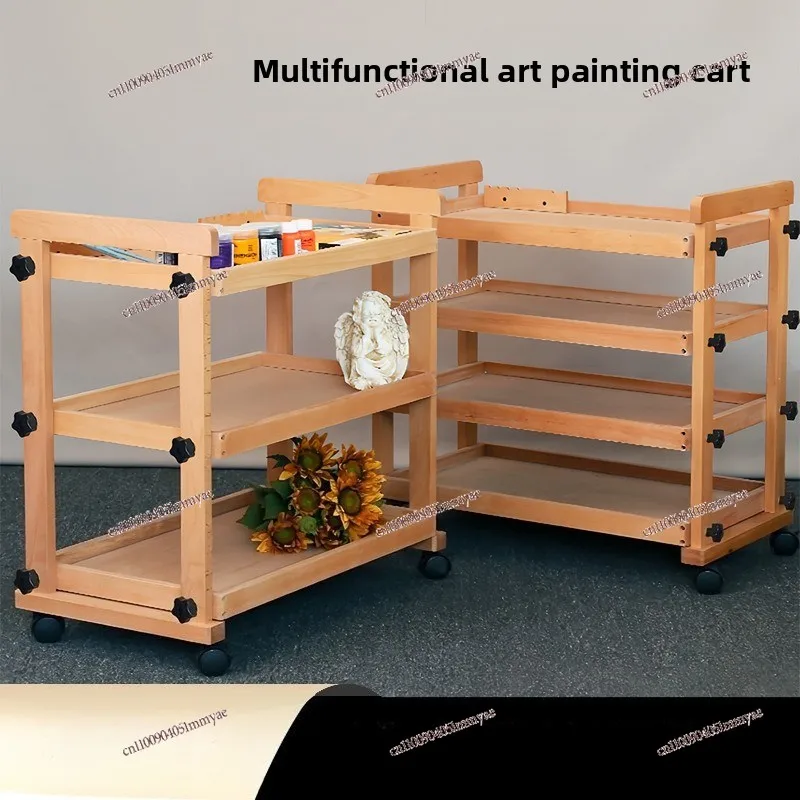 Beech Three-layer Painting Cart Movable Oil Painting Tools Art Classroom Paint Rack Wooden Painting Storage Car
