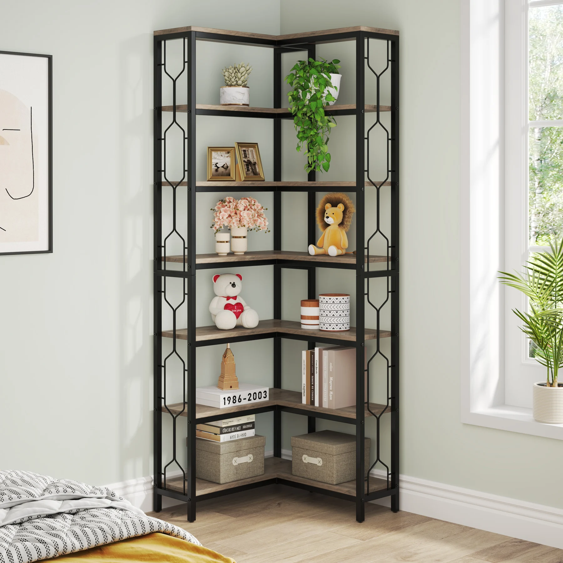 رف زاوية Tribesigns، رف كتب زاوية صناعي مكون من 7 طبقات، خزانة كتب Etagere ذات زاوية خشبية ومعدنية