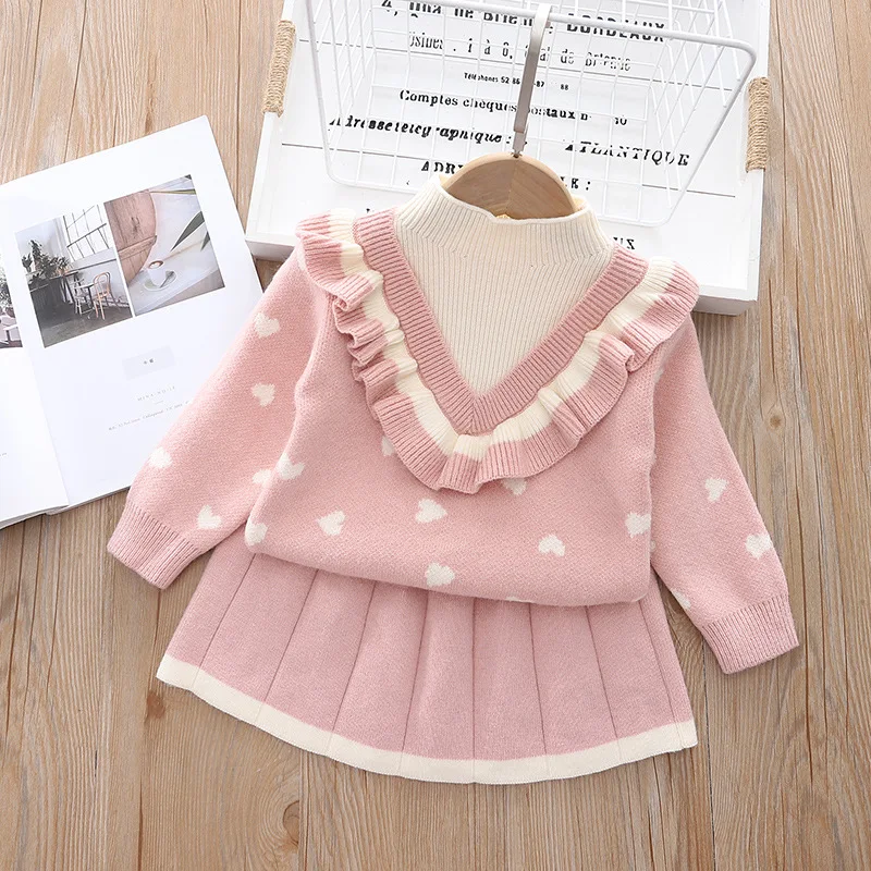 Winter Little Girls Casual College Style Knitwear Sets Baby Girls Toddler Cute Love Cotton Sweater Fall Fashion Outfits for Kids