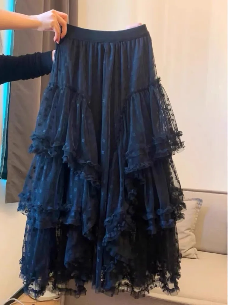 تنورة نسائية كبيرة الحجم أنيقة بتطريز ثقيل على شكل حرف A مع شبكة، طراز جديد لفصلي الخريف والشتاء، ستايل كوري للتنقل اليومي.