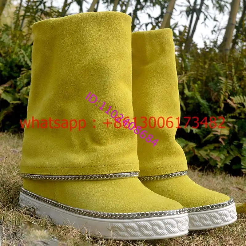 Real Photos Lemon Yellow Woman Inner Wedge Boots Comfortable Woman Winter Chain Side Lemon Yellow Inner Wedge Heel Boots
