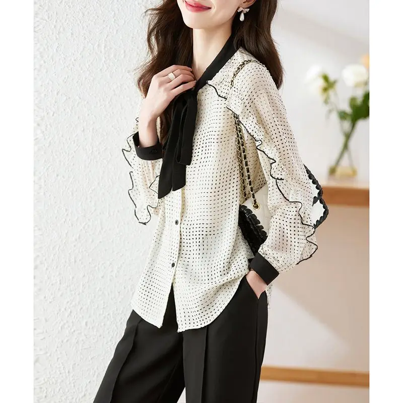 Female Spring Summer Korean Fashion Button Polka Dot O-neck Chiffon Women Shirts Lacing Elegant Fashionable Long Sleeve Top Tee