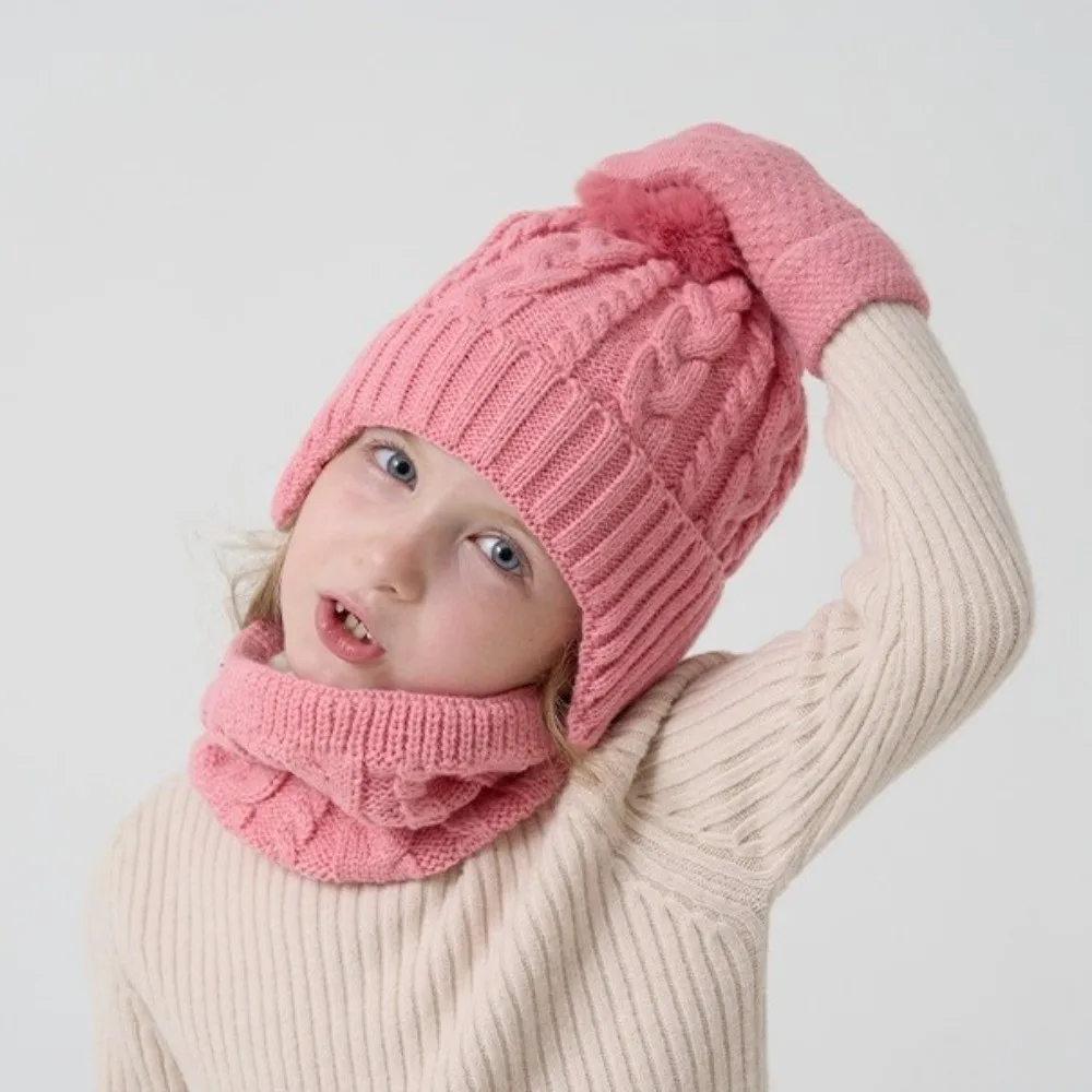 

Casual Solid Color Baby Hat Scarf Gloves Set Cute Pompom Warm Ears Toddler Knitted Hats Keep Warm Thickened Hat Set Daily