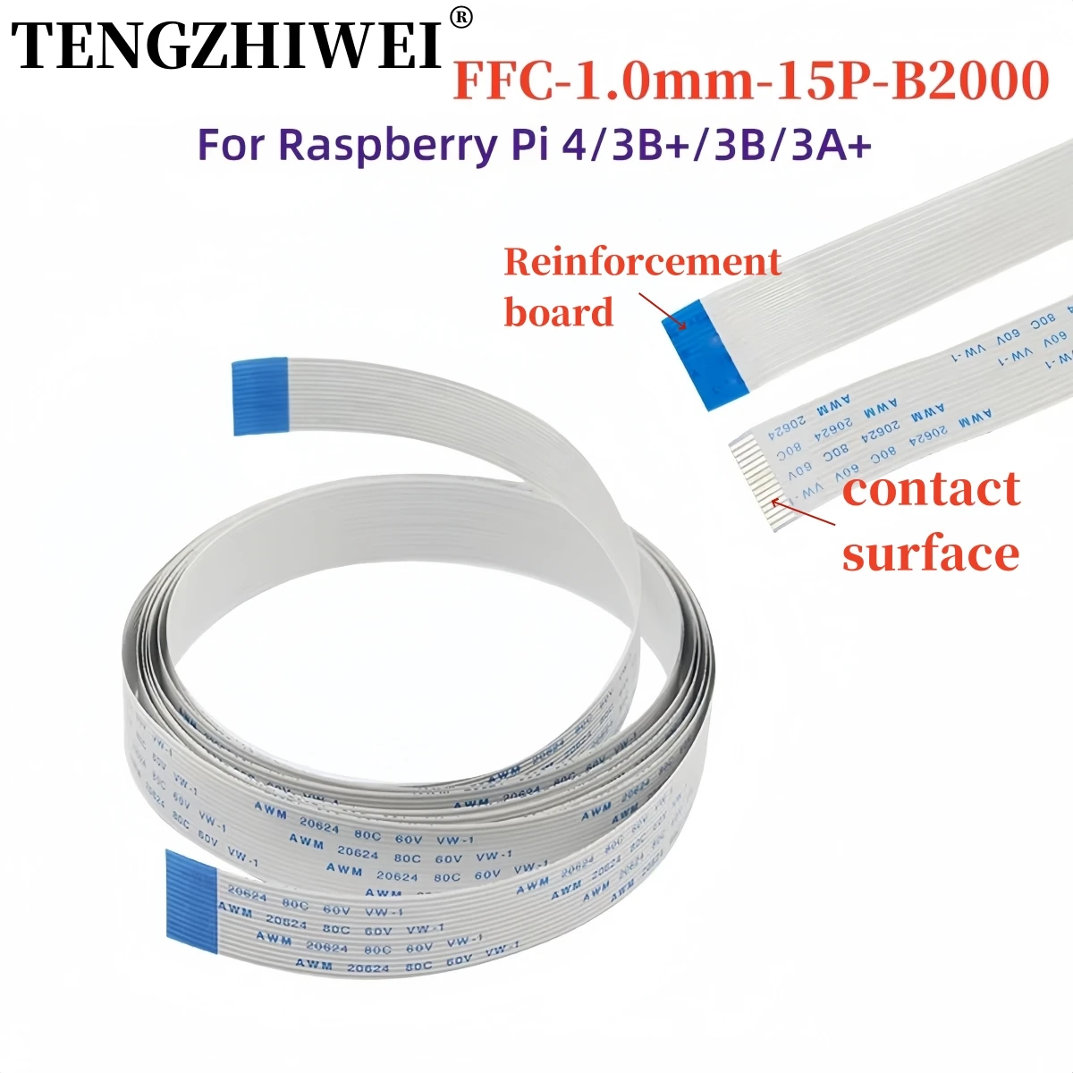 

FFC-1.0MM-15P-B2000MM AWM 20624 80C 60V VW-1 Ribbon Cable Line for RPI 4B 3B+ 3B 3A+ Camera 2M