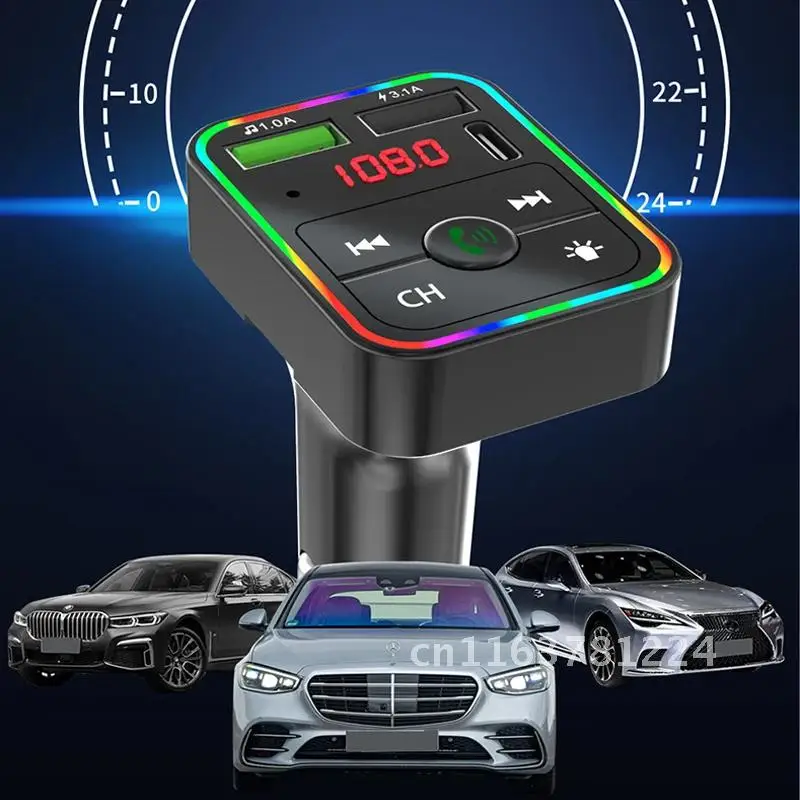 

Bluetooth 5.0 FM Transmitter Car MP3 Player Atmosphere light Wireless Handsfree Audio Receiver USB Fast Charge TF U Disk play