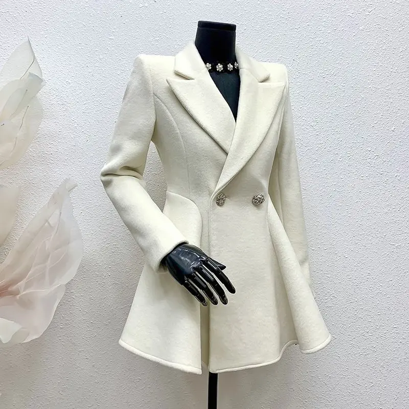 

French Style Waist Slimming Woolen Suit New Korean Fashion Commuter Slim Fit Black Mid Length Woolen Suit Coat Women Clothin