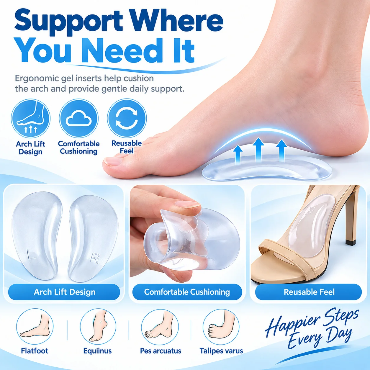 Gel Arch Support Cushions Comfortable Adhesive Insoles for Women Wear Resistant Pain Relief Blisters Prevention Anti Slip