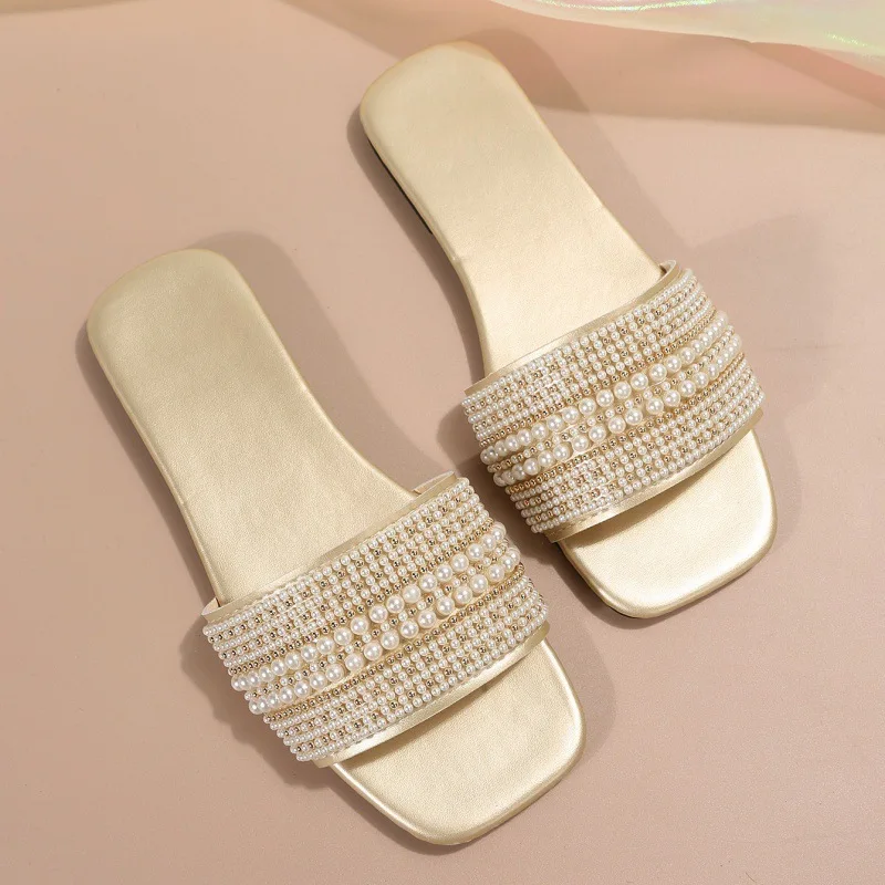 Sandalias planas de talla grande con correa de perlas de imitación, zapatillas deslizantes con punta cuadrada a la moda para mujer, chanclas de playa de ancho ancho