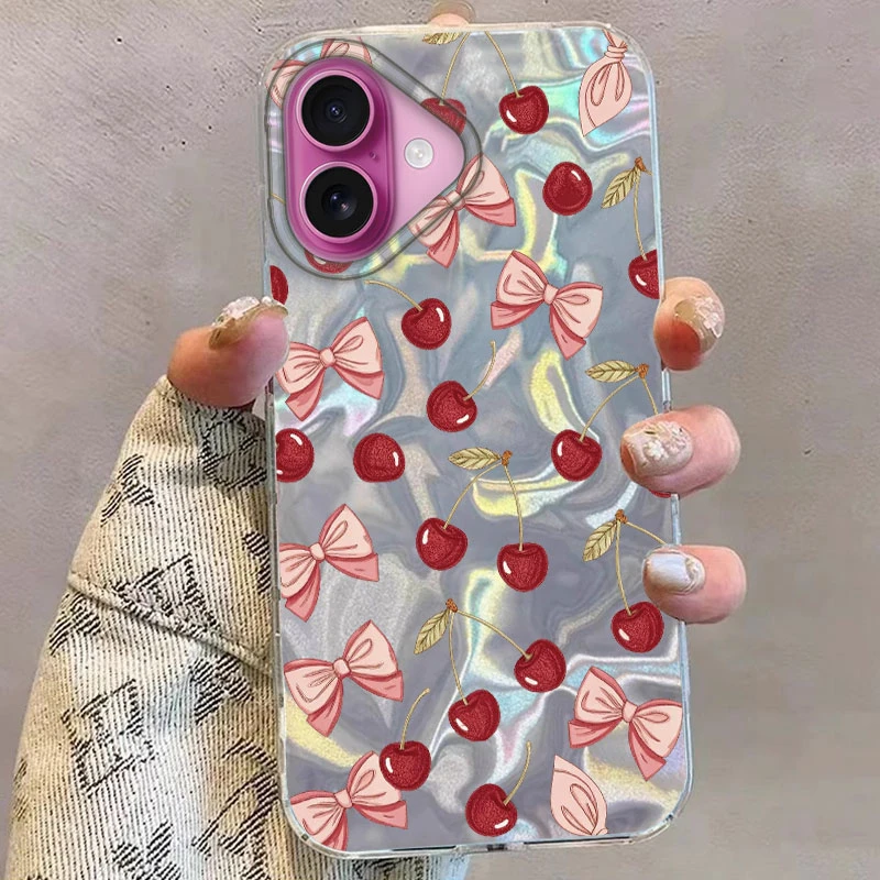 Niedliche Kirsch-Schmetterlings-Schleifenmuster-Handyhülle für iPhone 16 15 14 13 12 Pro Max Plus 16E 7 8 SE 2020 2022 X XS XR Fruits Cover