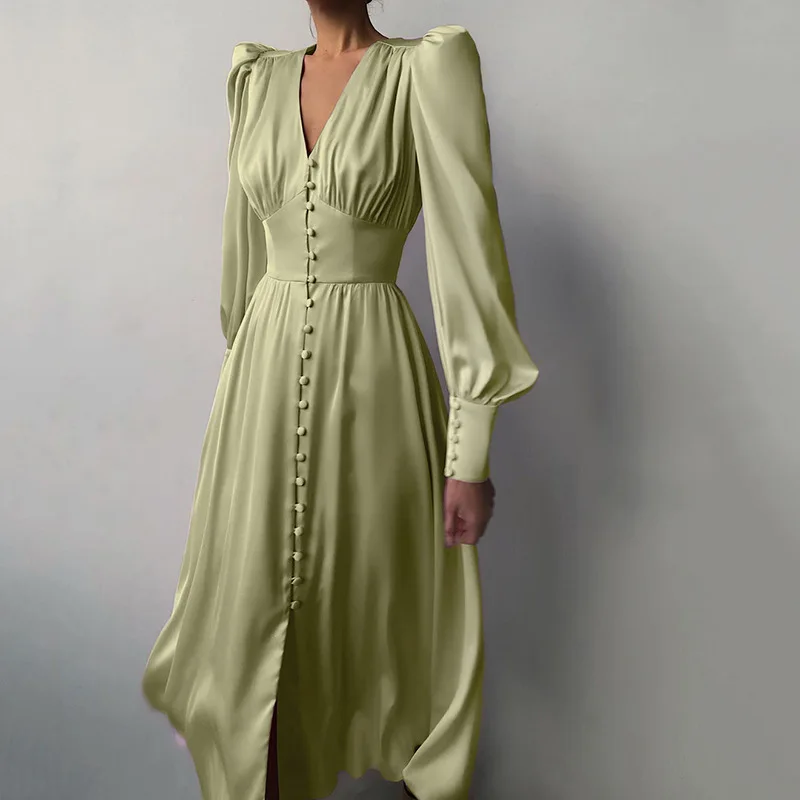 Fashion V Neck Elegant Court Vintage Front Button Midi Dress Satin Party Lantern Long Sleeve Chice Female Solid Vertidos