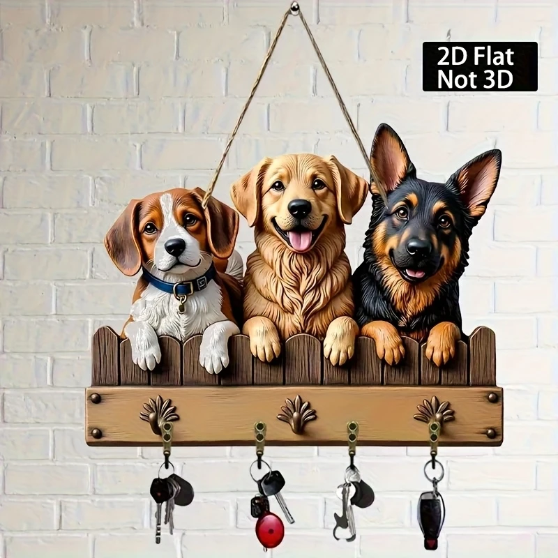 12in Country Farmhouse Style 2D Wooden Dog Key Rack Beagle Golden Retriever German Shepherd Designs Dog Lovers Gifts Home Decora