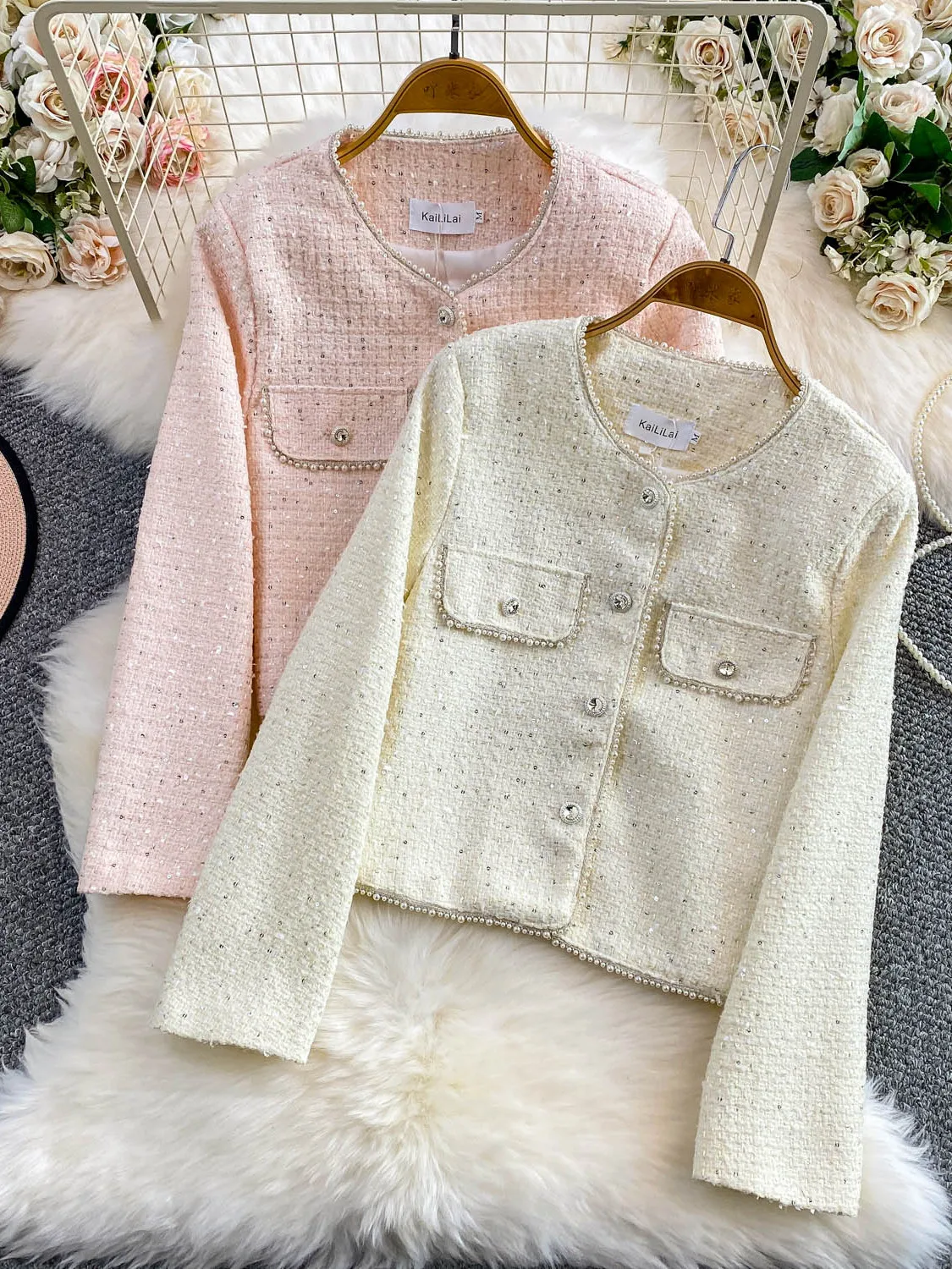 

Sequin Embellied Jaet Women's Slim Fit Single Button Autumn Winter Faion High End Sensation ort Outerwear