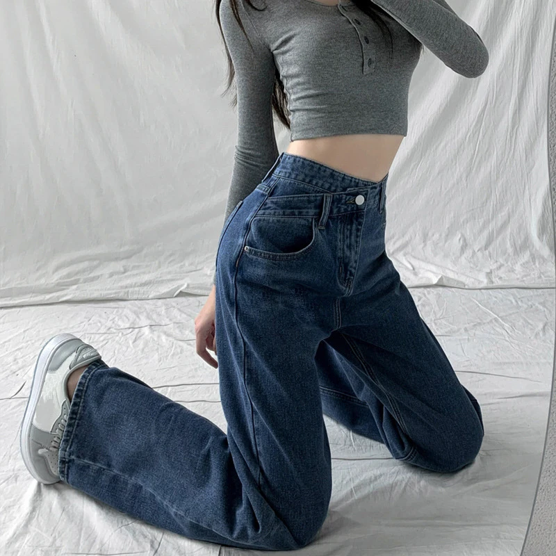 

Women's Trendy Wide Leg Jeans Retro Crossbody High Waist Slimming Denim Straight Long Pants