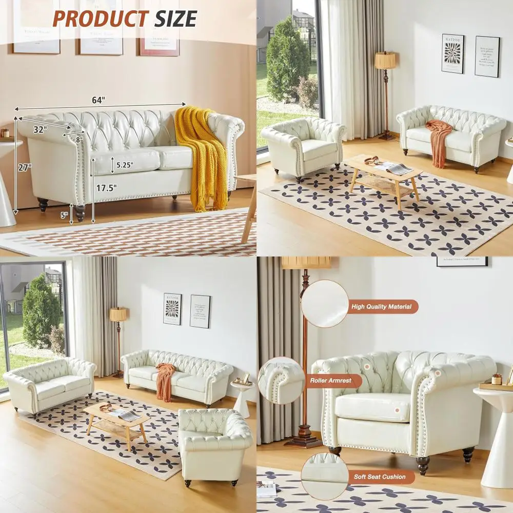 

2 Piece Living Room Set, Chesterield aux Leather Soa Couch Chair with Scroll Arms and Nailor Living Room, Oice (White)