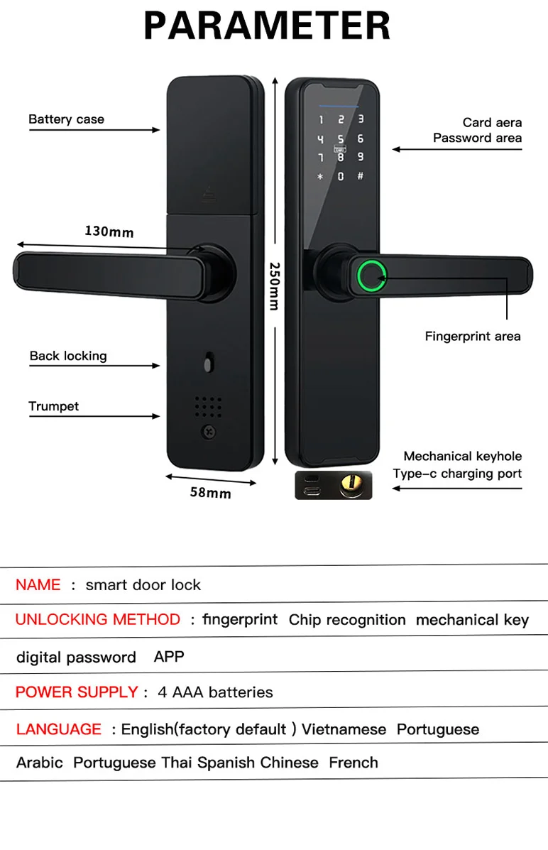 Tuya WiFi Smart Door Lock Biometric Fingerprint App Remote Unlocking Keyless Lock Electronic Door Lock