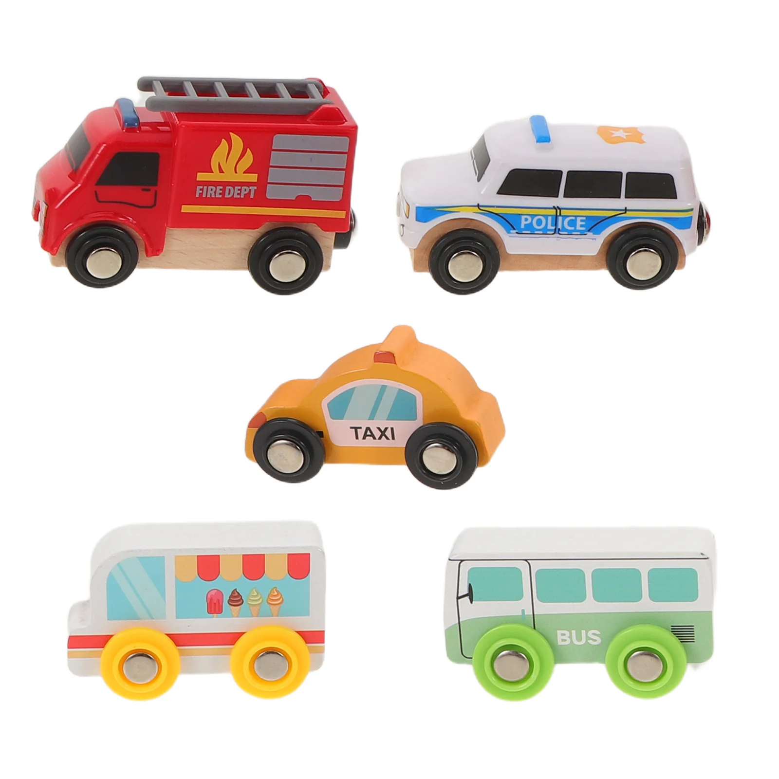 รถไม้สำหรับเด็กเล็ก 5 คัน: ชุดยานพาหนะเพื่อการศึกษา พร้อมรถขายไอศกรีม รถดับเพลิง รถตำรวจ รางรถไฟ เข้ากันได้กับเด็กๆ