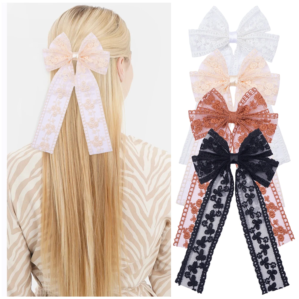 

2 шт. новые банты для волос с вышивкой, кружевные большие банты, заколка для волос, женская элегантная весенняя заколка, весенне-летние аксессуары для волос, женские заколки