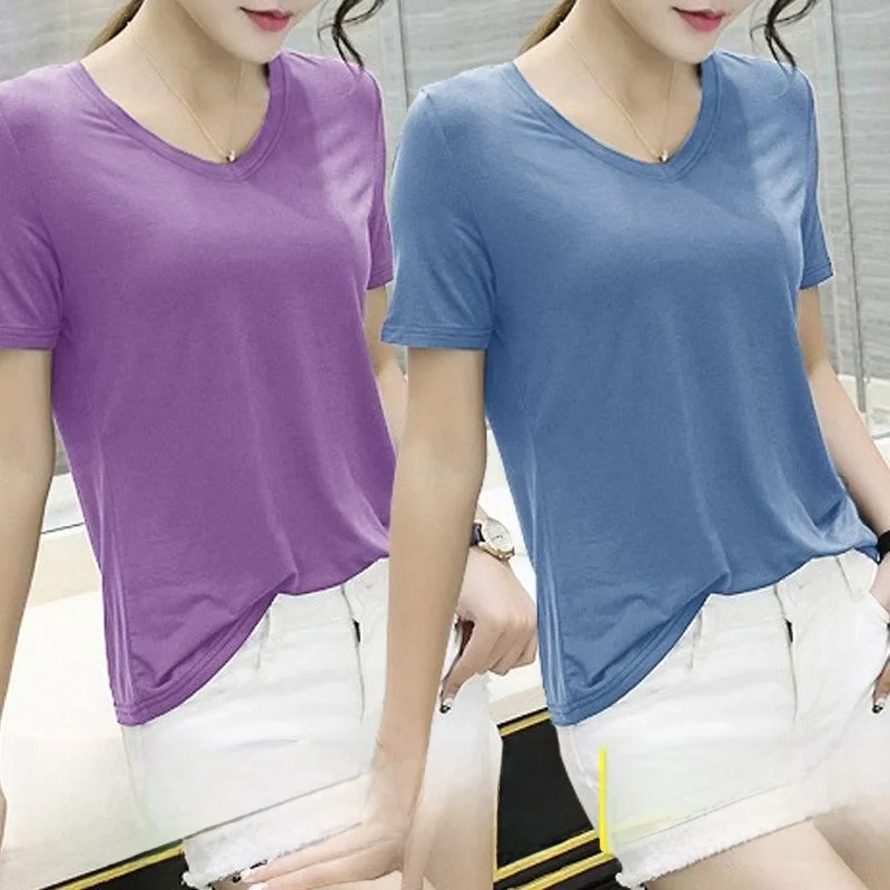 Modale Ice Silk Loose Short Sleeve T-Shirt Women's Summer V-Neck Top Pure Color Half Sleeve Transparent Face Mask Casual Shirt