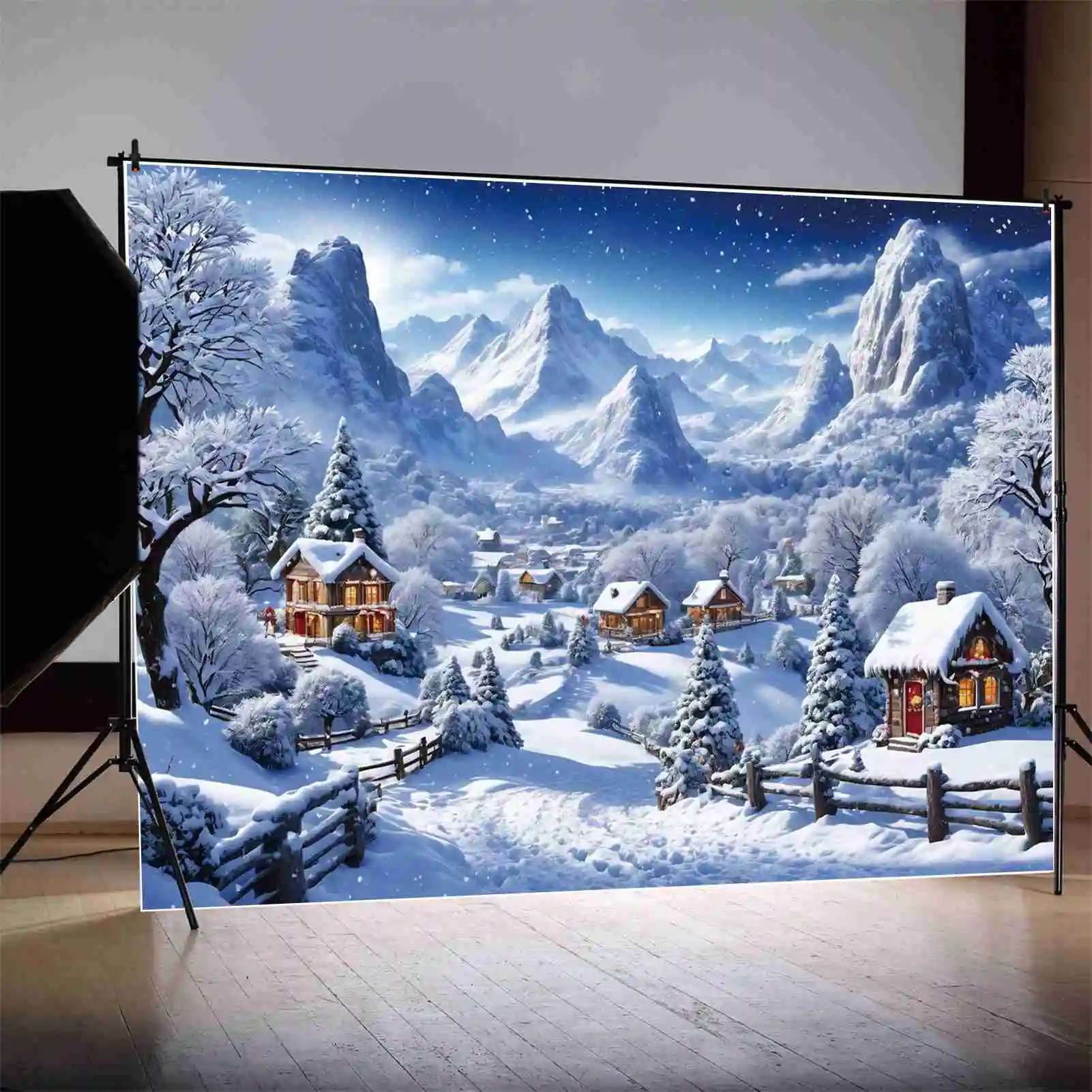 MOON.QG Backdrop Christmas Village Photozone Background Wood House Winter Decoration Snow Mountain Road Photocall Shooting Props