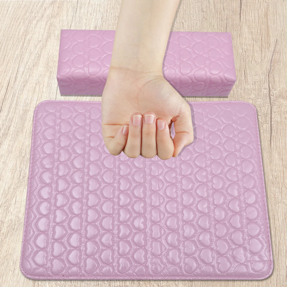 

Square Nail Salon Cushion Pu Wrist Rest Manicure Hand Pillow Firm Support Pink Heart Pattern Easy Clean Dust Filing