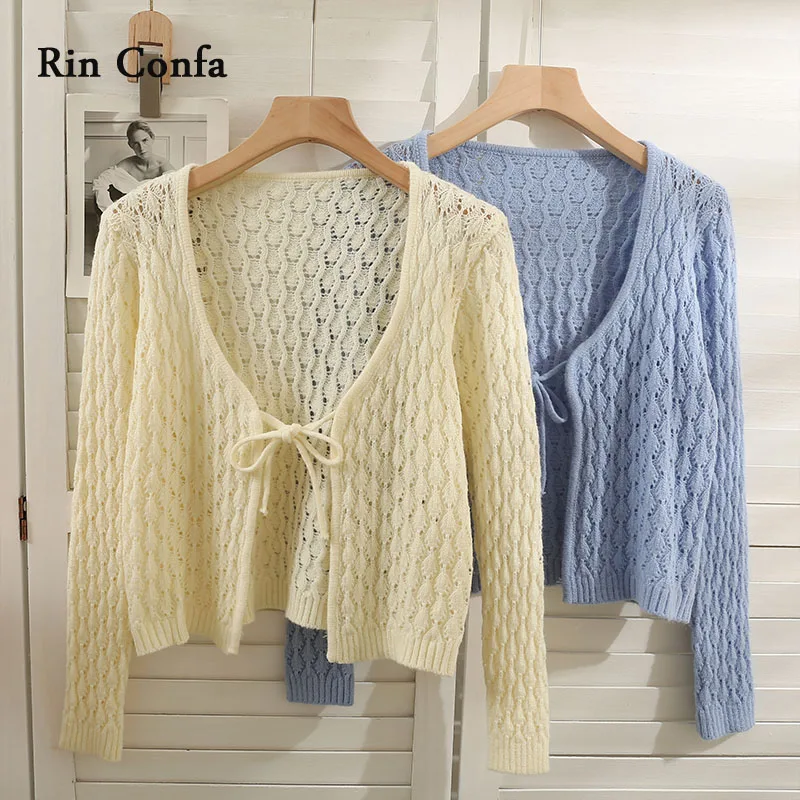 

Rin Confa New Style Thin Loose Frenulum Bowknot Knitting Top Women Low Neck Hollow Out Long Sleeve Cardigan Short Thin Tops