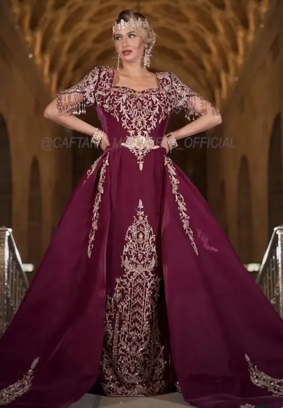 Moroccan Traditional Kaftan Prom Dresses Grape Purple Tassel Cap Sleeve Gold Applique Arabic Caftan National Evening Gown